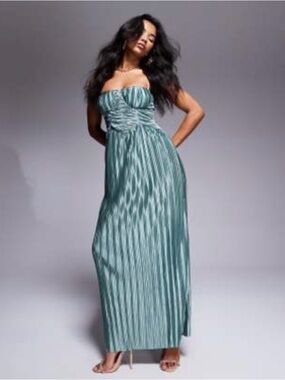 ASOS Sage Green Satin Ruched Maxi Dress